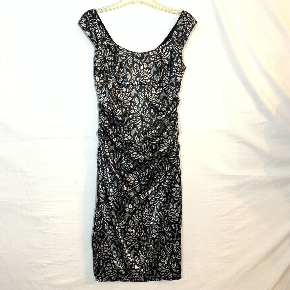 London Times Casual Dress Womens 6 Black White Floral Sleeveless Fully Lined